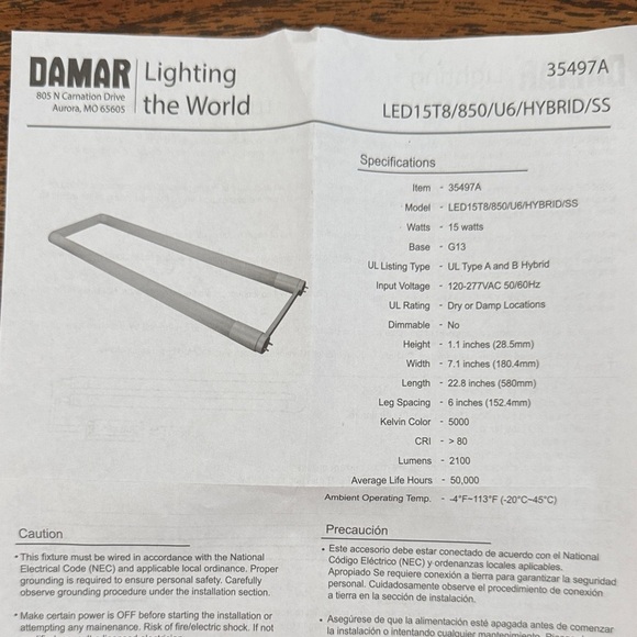 Damar White LED 15T8/850/U6/HYBRID/SS Tube Light - Picture 2 of 9